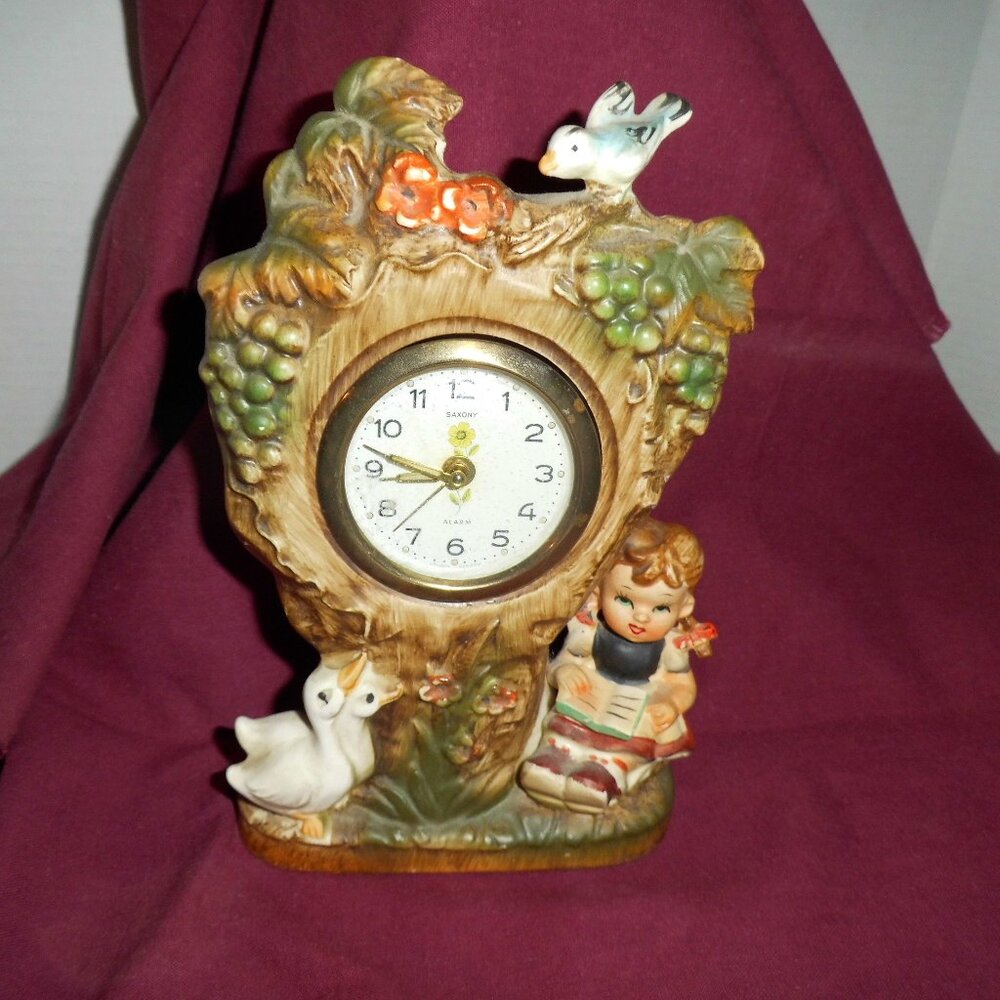 Antique Saxony W. Germany Mechanical Wind Alarm Clock 8" Tall, Running